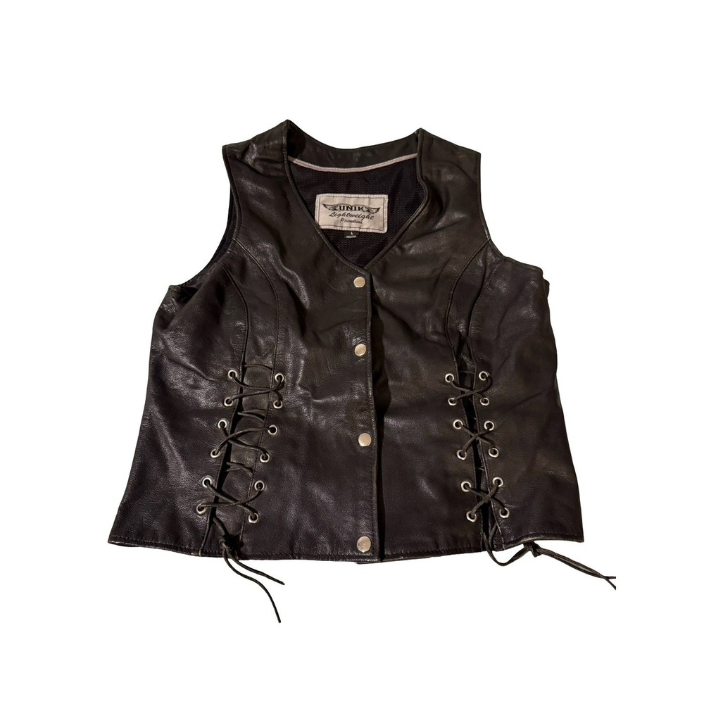 Unik Lightweight Premium Leather Motorcycle Vest Black Side Lace Large